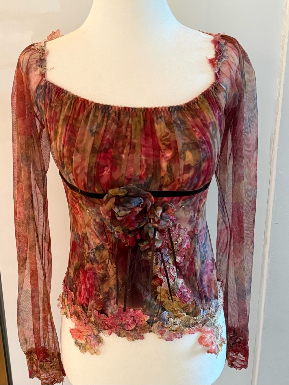 Floral Sheer Long-Sleeve Top in Burgundy Pink